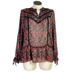 Matilda Jane Top Women XL Black Sheer Floral Long Sleeve Lace Peasant Ruffle